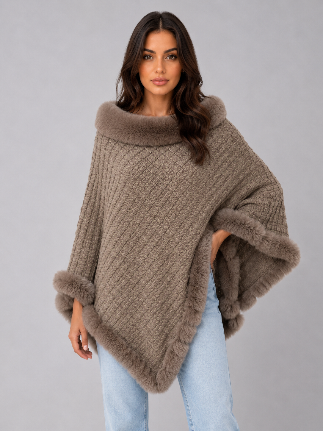 OTTAVIA | FAUX FUR TRIM KNIT PONCHO - Khaki