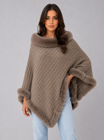 OTTAVIA | FAUX FUR TRIM KNIT PONCHO - Khaki