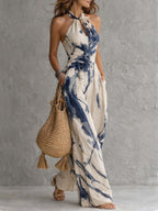 OXANA | HALTER NECK WIDE LEG JUMPSUIT - Ivory and Navy Print