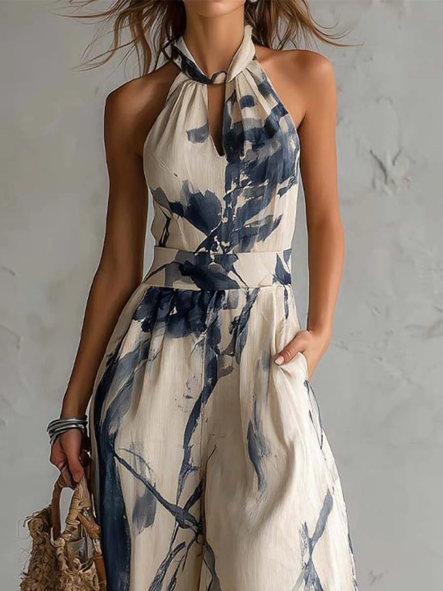 OXANA | HALTER NECK WIDE LEG JUMPSUIT - Ivory and Navy Print