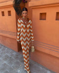 PAMINA | CHEVRON V-NECK MAXI DRESS - Rust and Ivory Chevron