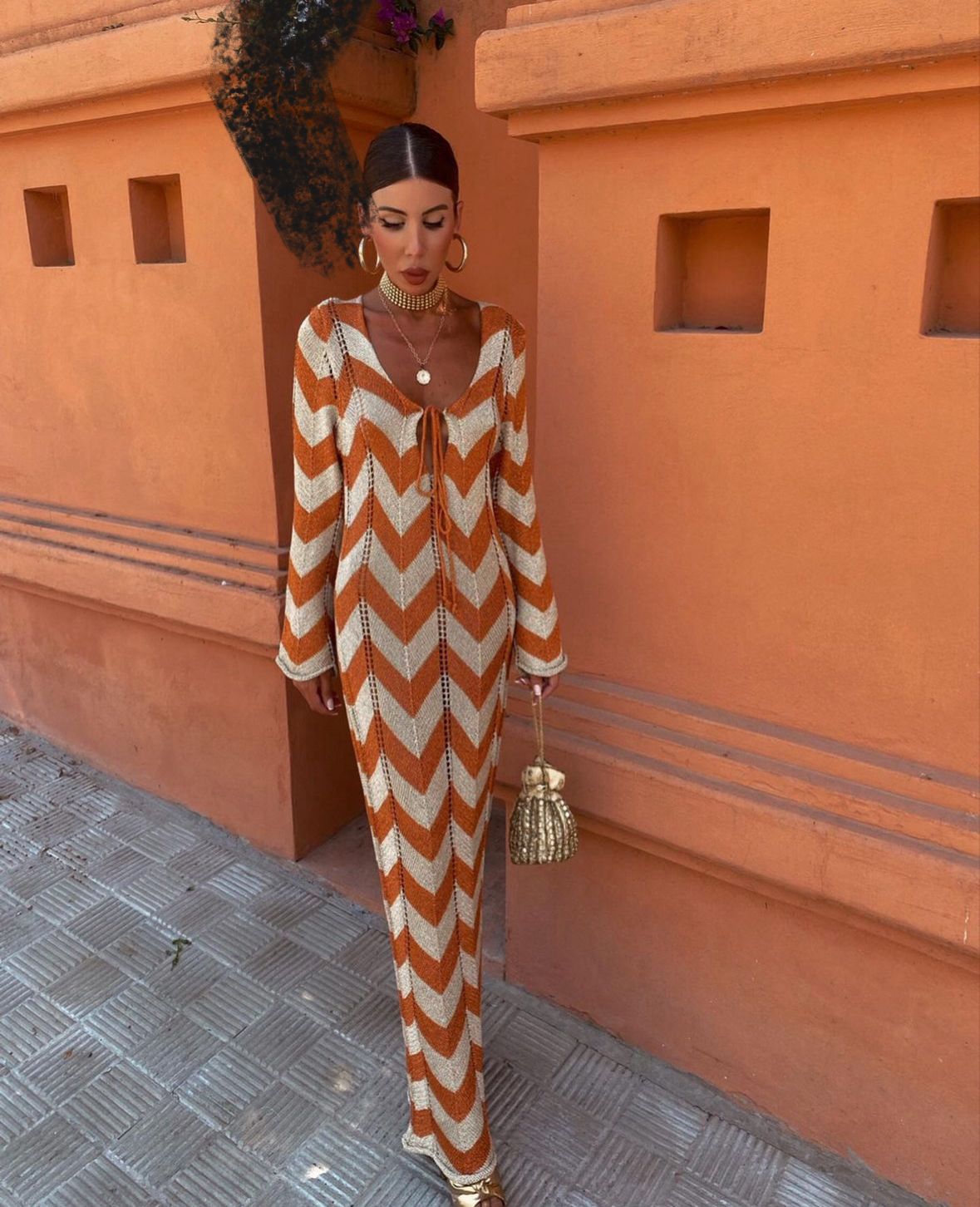 PAMINA | CHEVRON V-NECK MAXI DRESS - Rust and Ivory Chevron