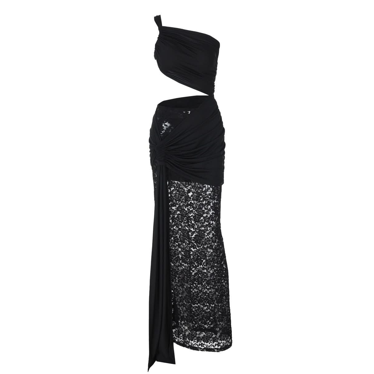 Black lace maxi dress one-shoulder with draped fabric and intricate lace pattern