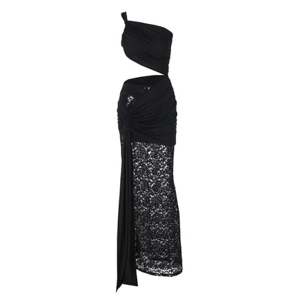Black lace maxi dress one-shoulder with draped fabric and intricate lace pattern