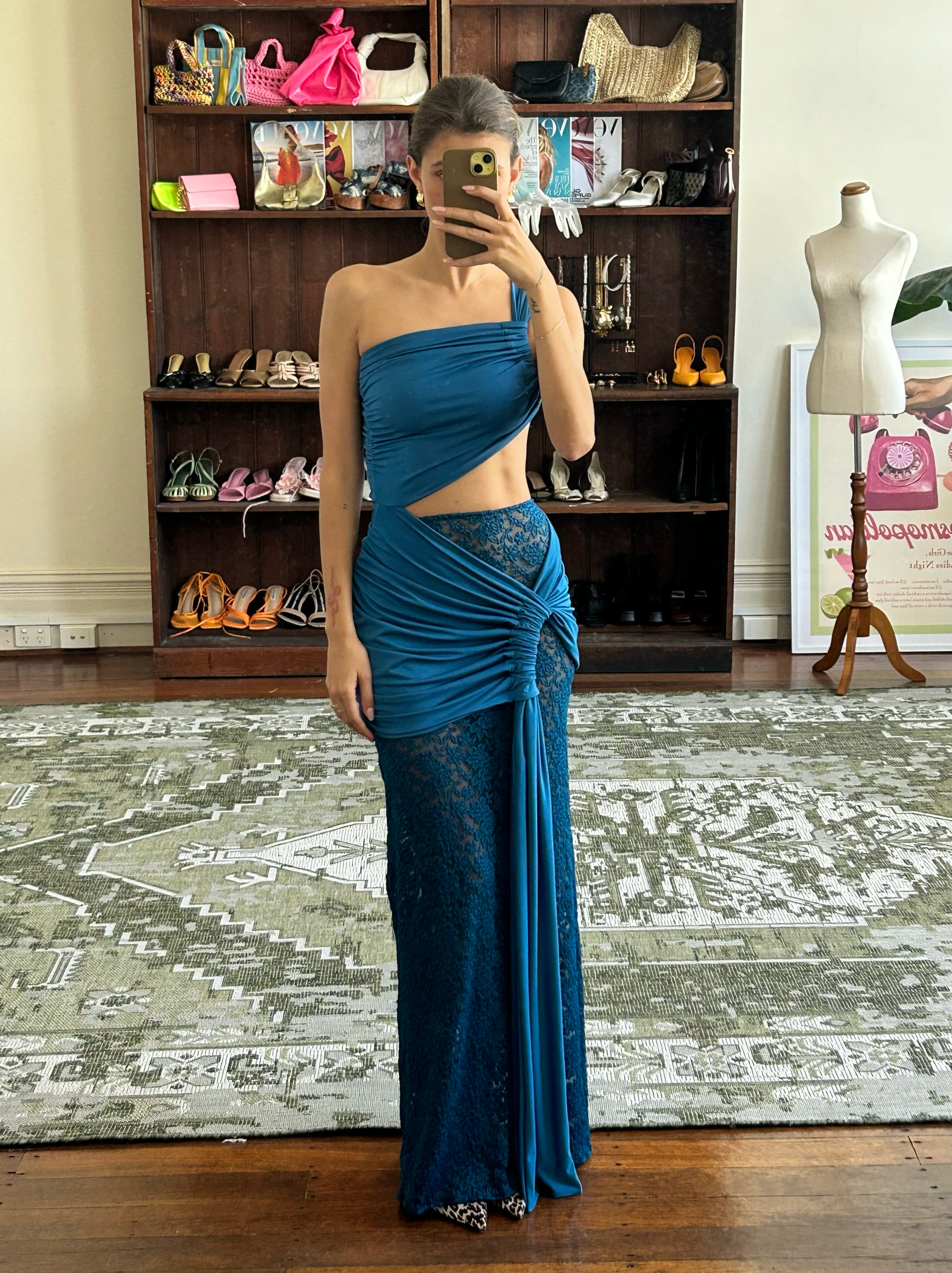 Teal lace maxi dress with one-shoulder ruched design and lace overlay