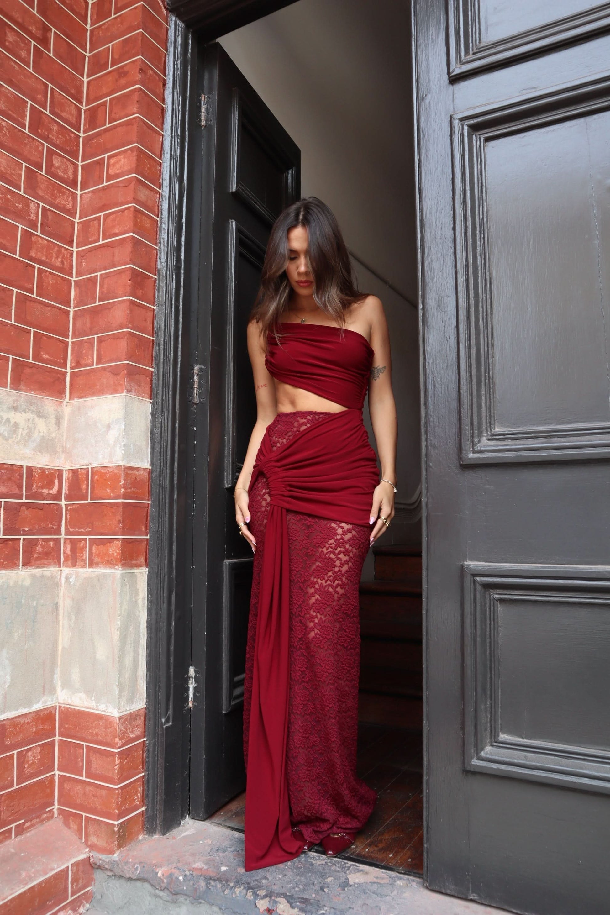 Burgundy lace maxi dress full length with draped fabric overlay