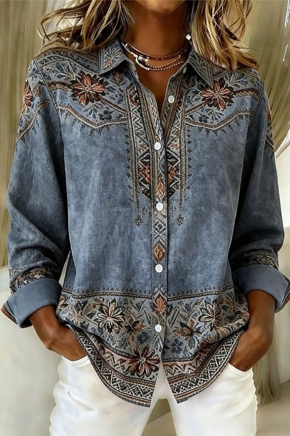 PATRIZIA | FLORAL PRINT BUTTON FRONT SHIRT - Washed Blue Floral