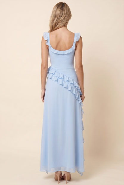 PERONNE | RUFFLE HIGH-SLIT MAXI DRESS - Baby Blue