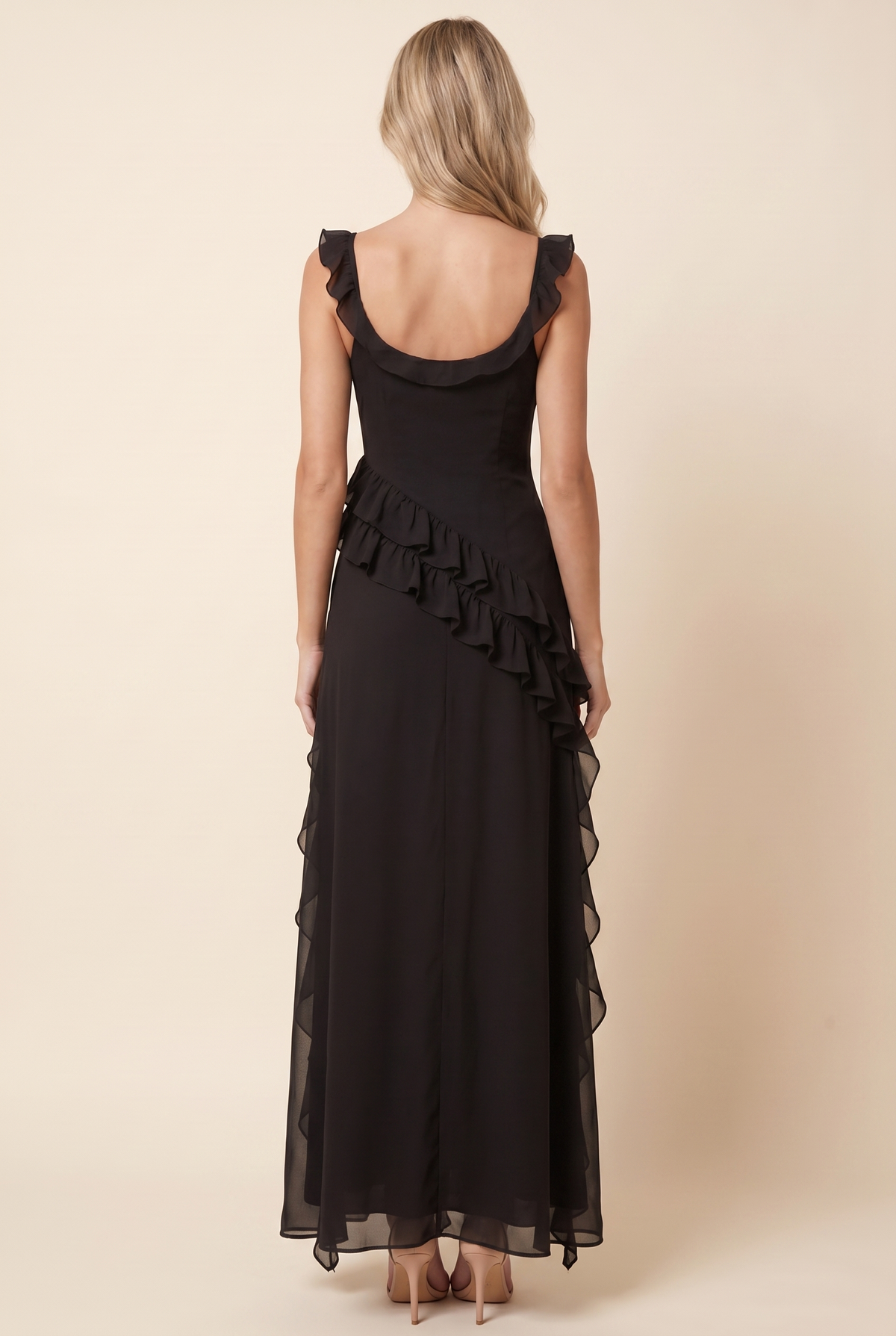 PERONNE | RUFFLE HIGH-SLIT MAXI DRESS - Black