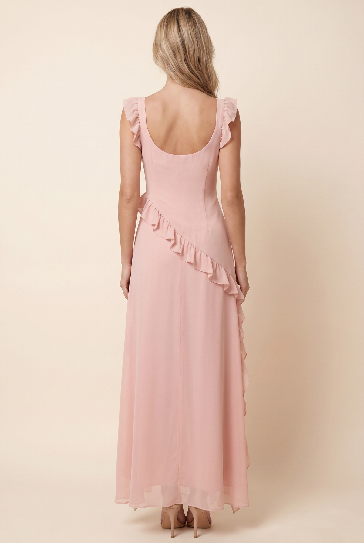PERONNE | RUFFLE HIGH-SLIT MAXI DRESS - Blush Pink