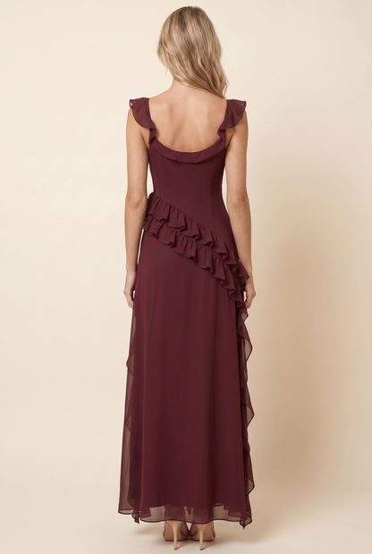 PERONNE | RUFFLE HIGH-SLIT MAXI DRESS - Burgundy