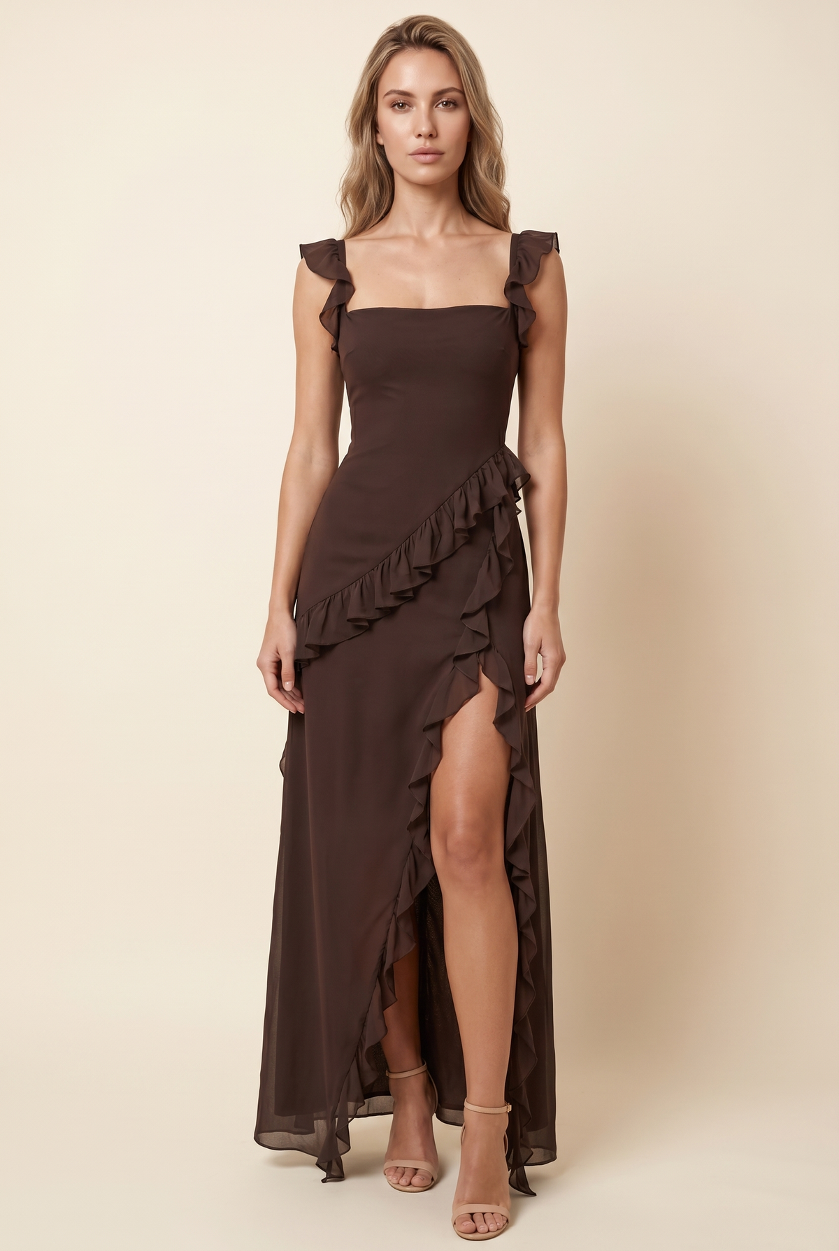 PERONNE | RUFFLE HIGH-SLIT MAXI DRESS - Chocolate Brown