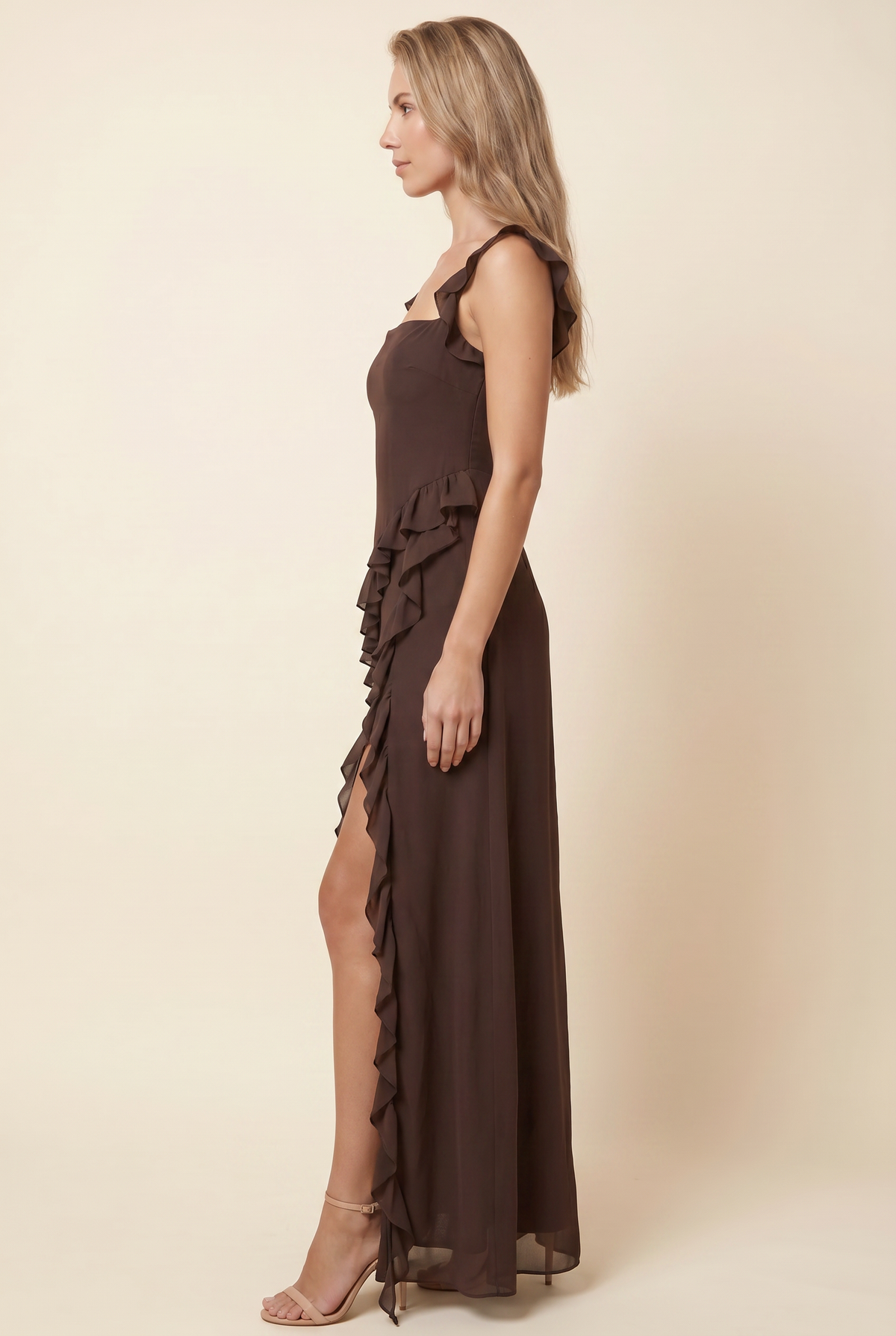 PERONNE | RUFFLE HIGH-SLIT MAXI DRESS - Chocolate Brown