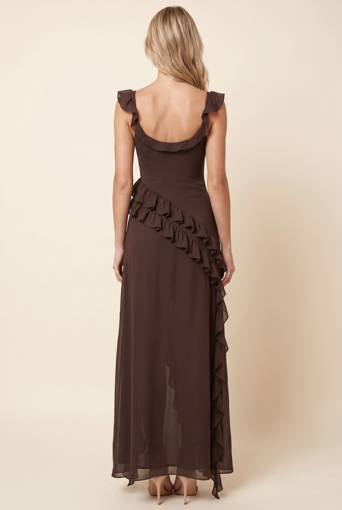 PERONNE | RUFFLE HIGH-SLIT MAXI DRESS - Chocolate Brown