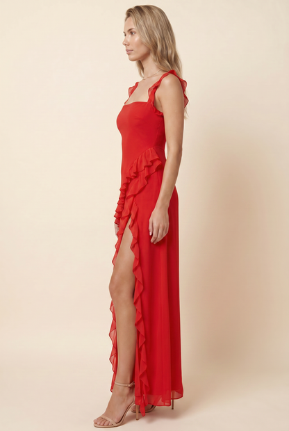 PERONNE | RUFFLE HIGH-SLIT MAXI DRESS - Red