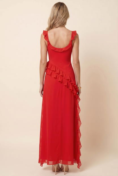 PERONNE | RUFFLE HIGH-SLIT MAXI DRESS - Red