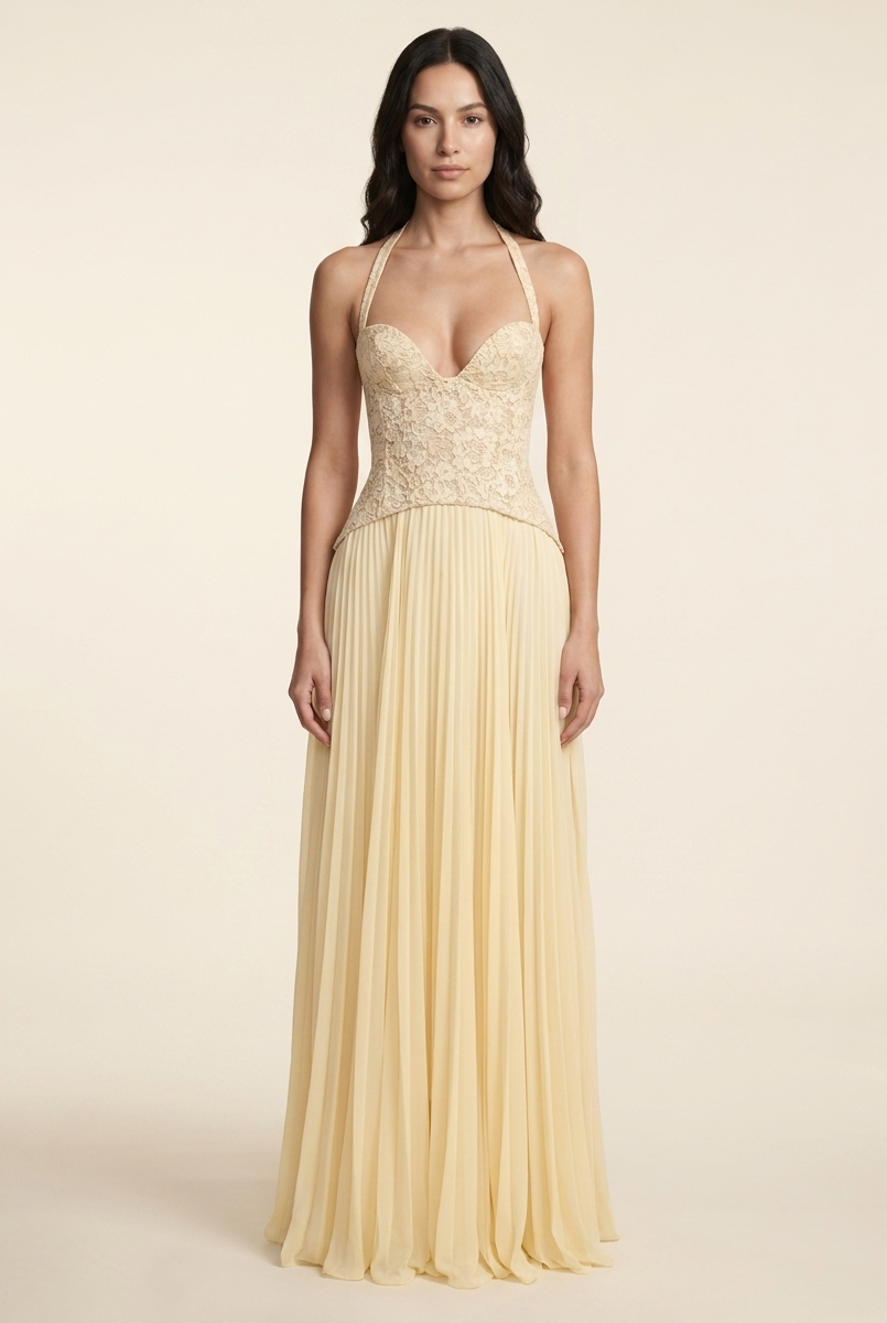 PETUNIA | HALTER LACE-UP MAXI DRESS - Butter Yellow