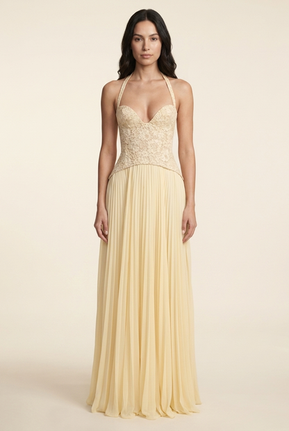 PETUNIA | HALTER LACE-UP MAXI DRESS - Butter Yellow