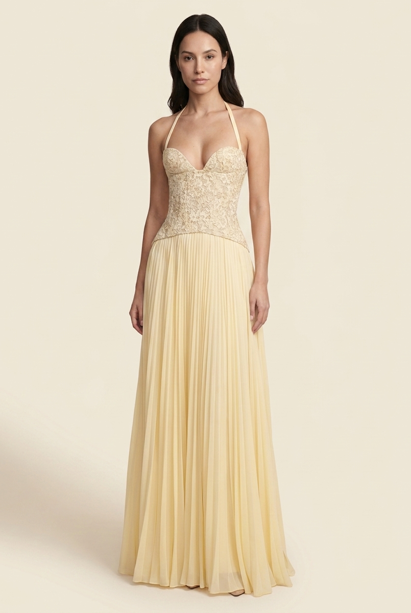 PETUNIA | HALTER LACE-UP MAXI DRESS - Butter Yellow
