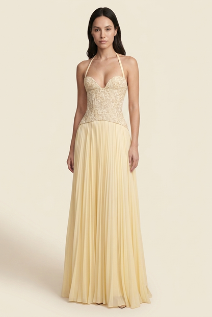 PETUNIA | HALTER LACE-UP MAXI DRESS - Butter Yellow