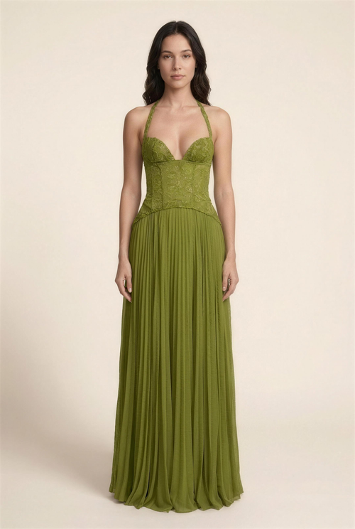 PETUNIA | HALTER LACE-UP MAXI DRESS - Olive Green