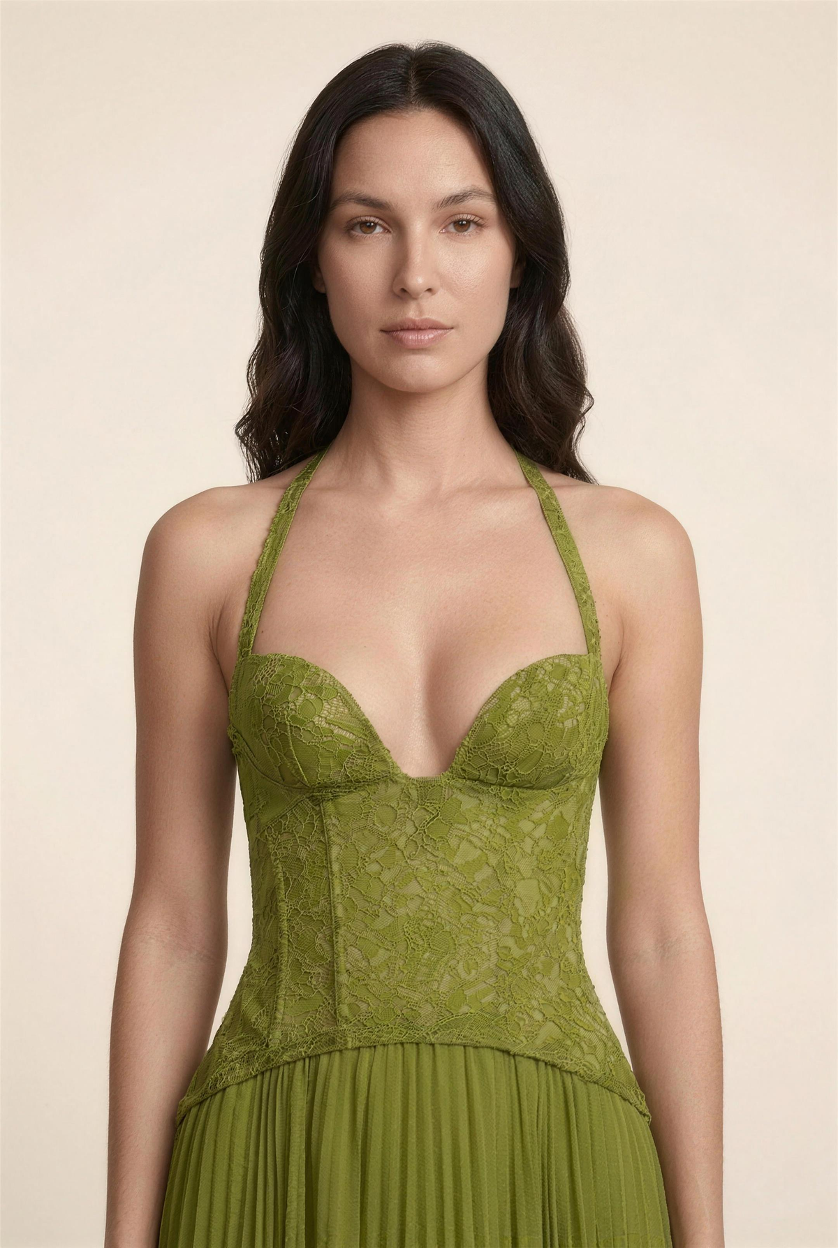 PETUNIA | HALTER LACE-UP MAXI DRESS - Olive Green