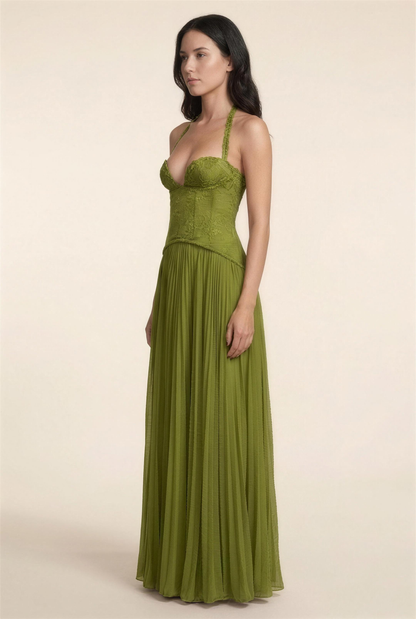 PETUNIA | HALTER LACE-UP MAXI DRESS - Olive Green