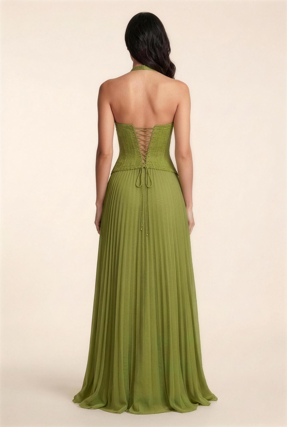 PETUNIA | HALTER LACE-UP MAXI DRESS - Olive Green