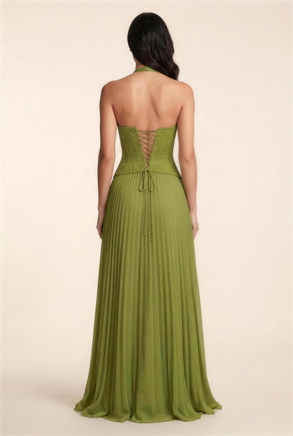 PETUNIA | HALTER LACE-UP MAXI DRESS - Olive Green