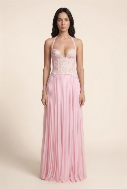 PETUNIA | HALTER LACE-UP MAXI DRESS - Pink