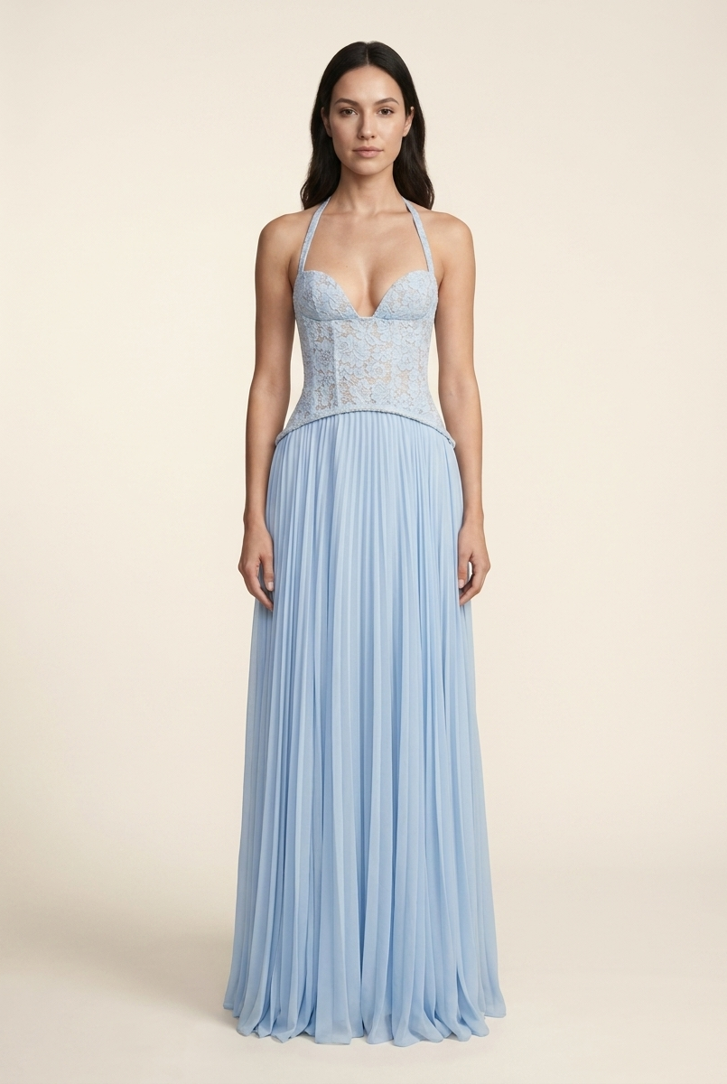 PETUNIA | HALTER LACE-UP MAXI DRESS - Powder Blue