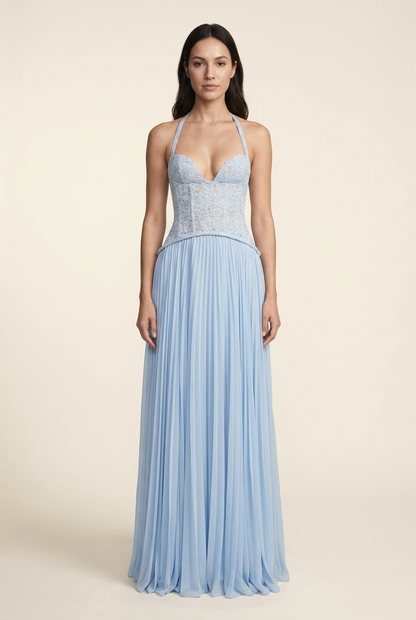 PETUNIA | HALTER LACE-UP MAXI DRESS - Powder Blue