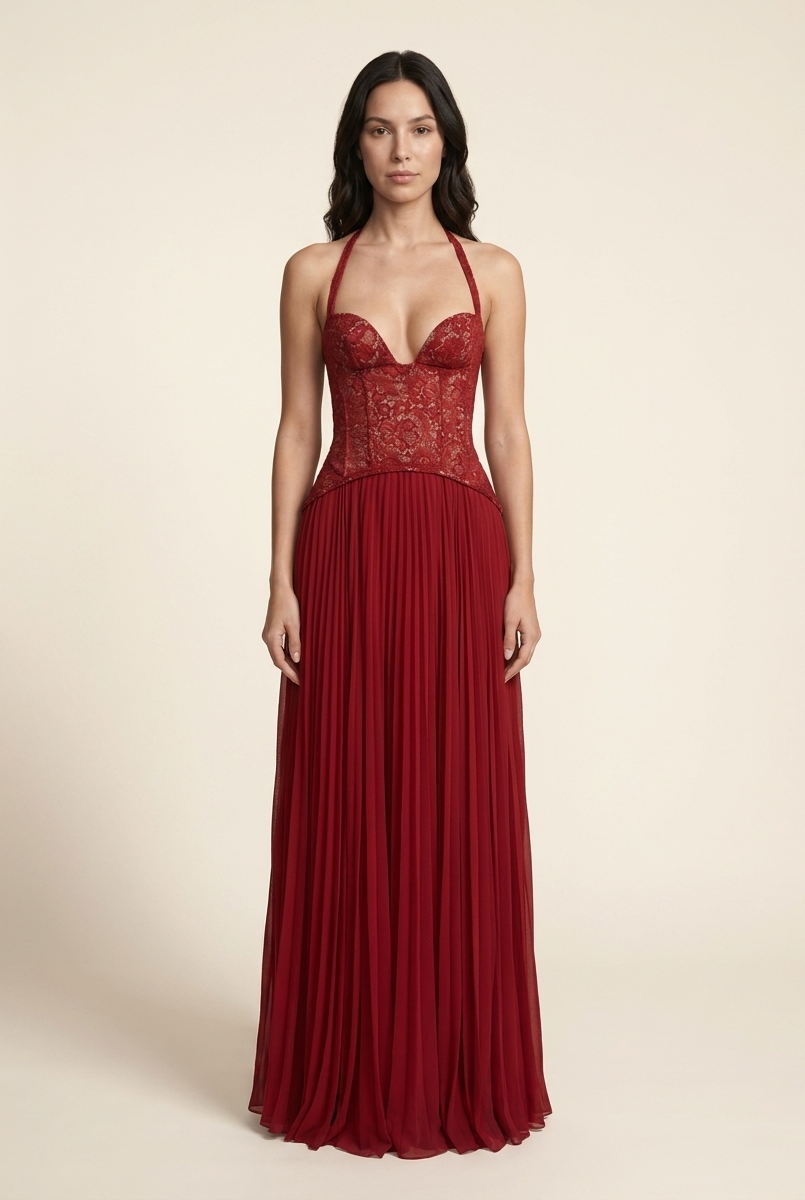 PETUNIA | HALTER LACE-UP MAXI DRESS - Red