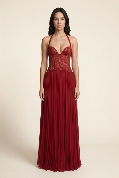 PETUNIA | HALTER LACE-UP MAXI DRESS - Red