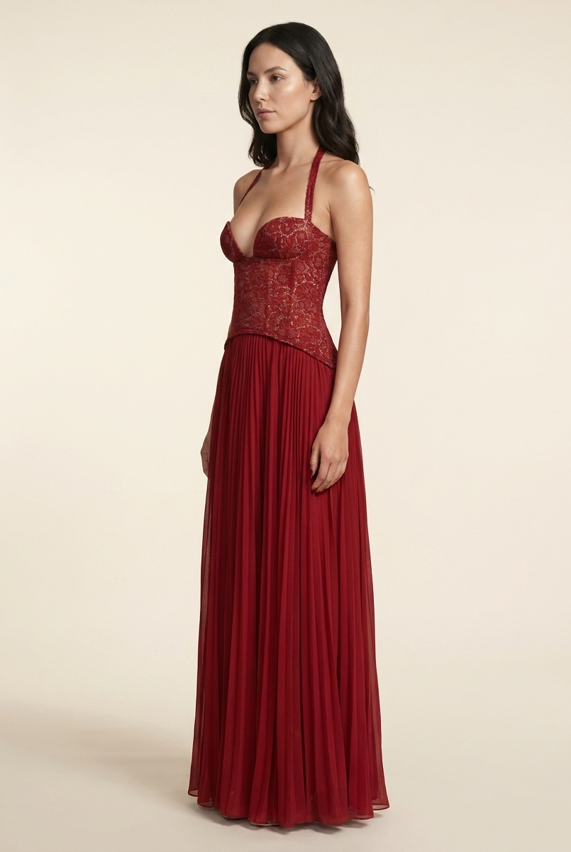 PETUNIA | HALTER LACE-UP MAXI DRESS - Red