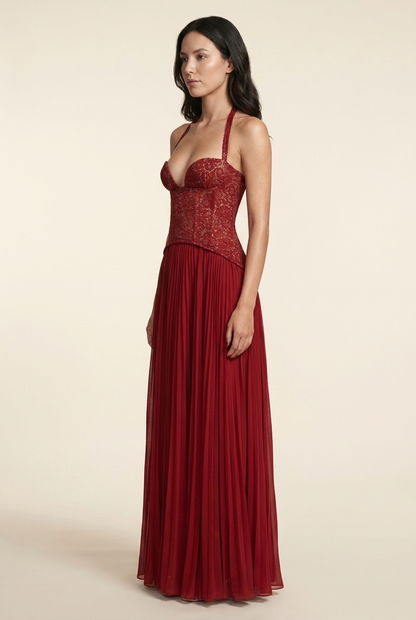 PETUNIA | HALTER LACE-UP MAXI DRESS - Red