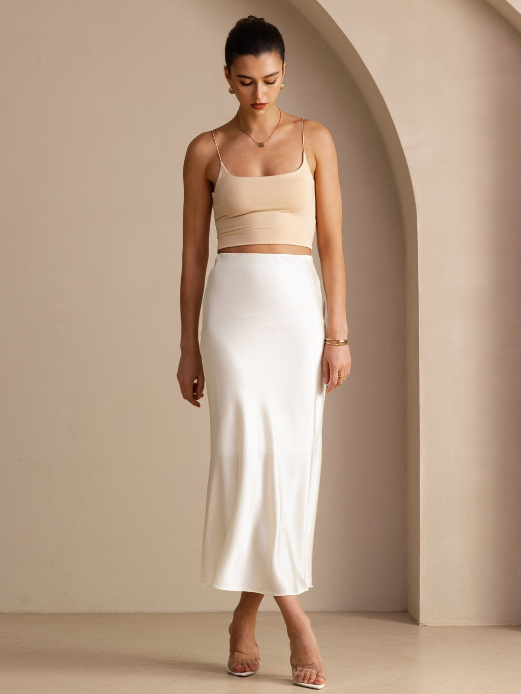 POLINA | HIGH WAIST SATIN MAXI SKIRT - Ivory