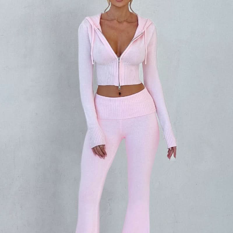 Cream ribbed knit crop hoodie with long sleeves and matching high-waisted flare leggings