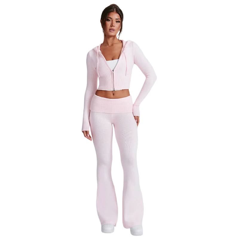 Light pink ribbed knit crop hoodie with zip front and matching flare pants set