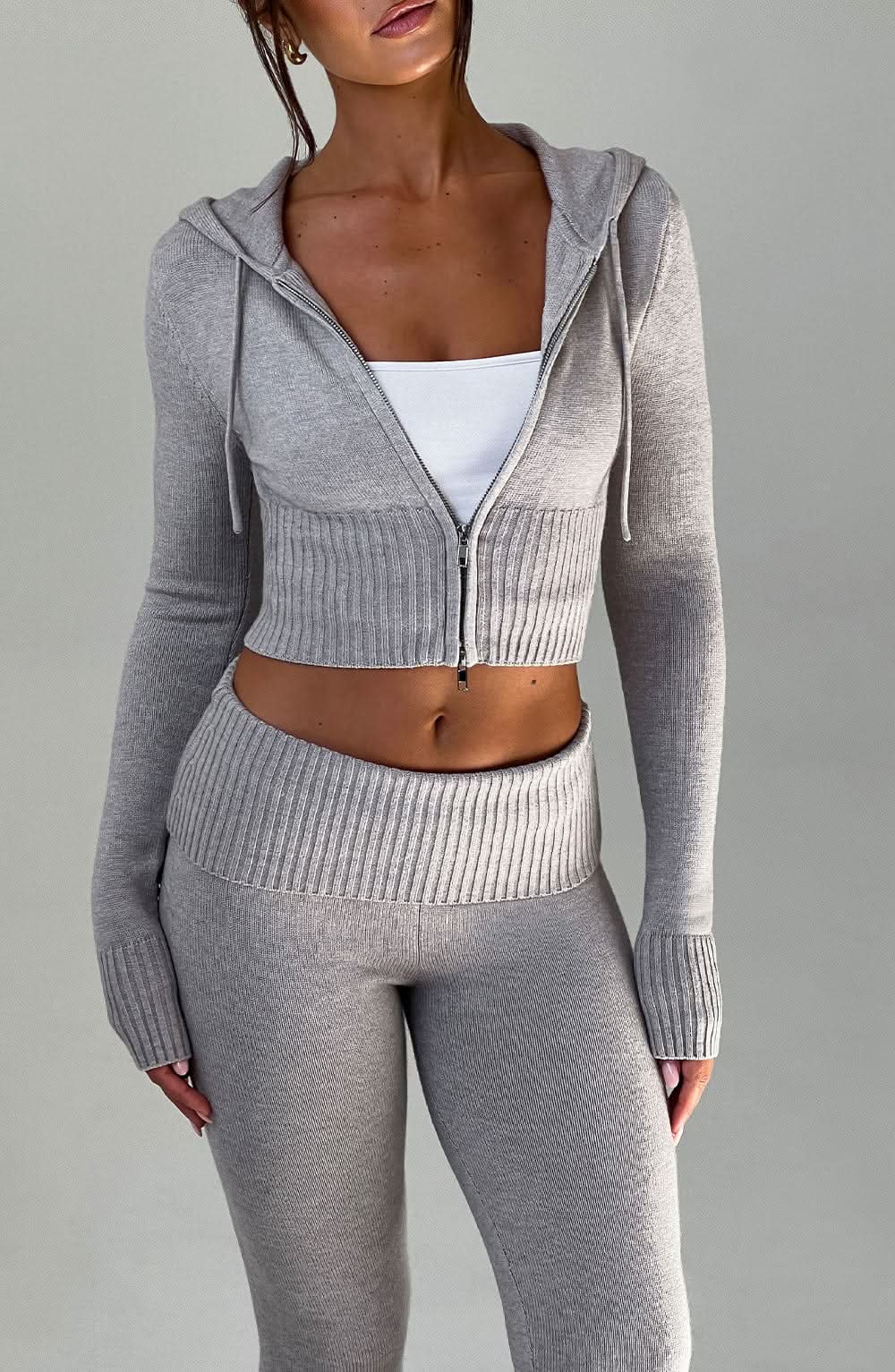Gray ribbed knit crop hoodie with drawstring hood and high-waist leggings set