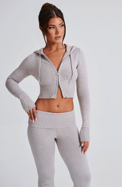 Gray knit two-piece set with cropped zip hoodie and high-waisted leggings