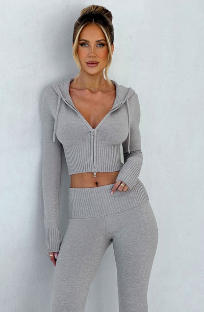 Gray ribbed knit crop hoodie with zip front and matching high-waisted leggings