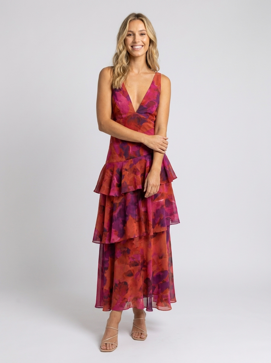 PRISCA | FLORAL TIERED RUFFLE MAXI DRESS - Berry Floral