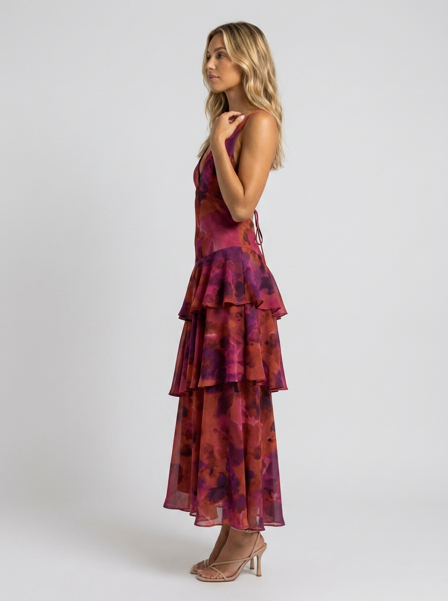 PRISCA | FLORAL TIERED RUFFLE MAXI DRESS - Berry Floral