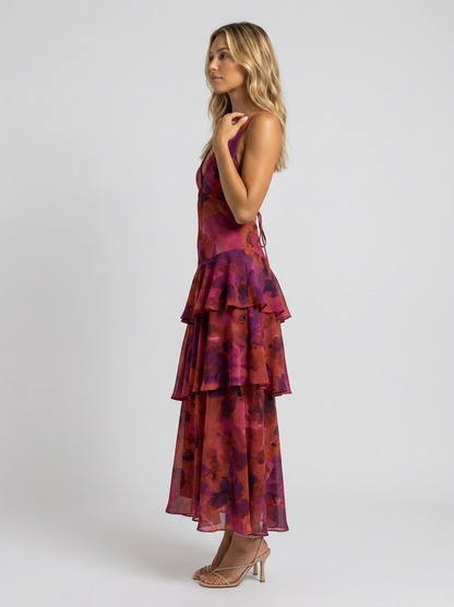 PRISCA | FLORAL TIERED RUFFLE MAXI DRESS - Berry Floral