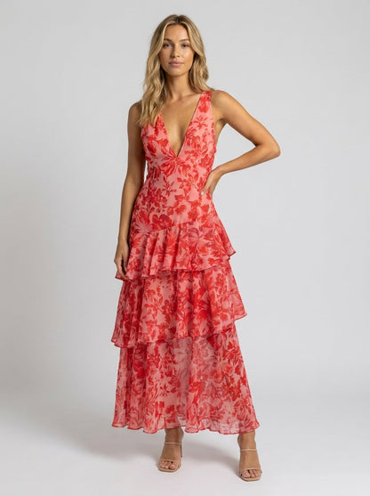 PRISCA | FLORAL TIERED RUFFLE MAXI DRESS - Coral Floral