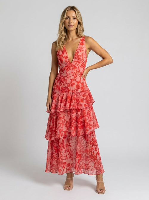 PRISCA | FLORAL TIERED RUFFLE MAXI DRESS - Coral Floral