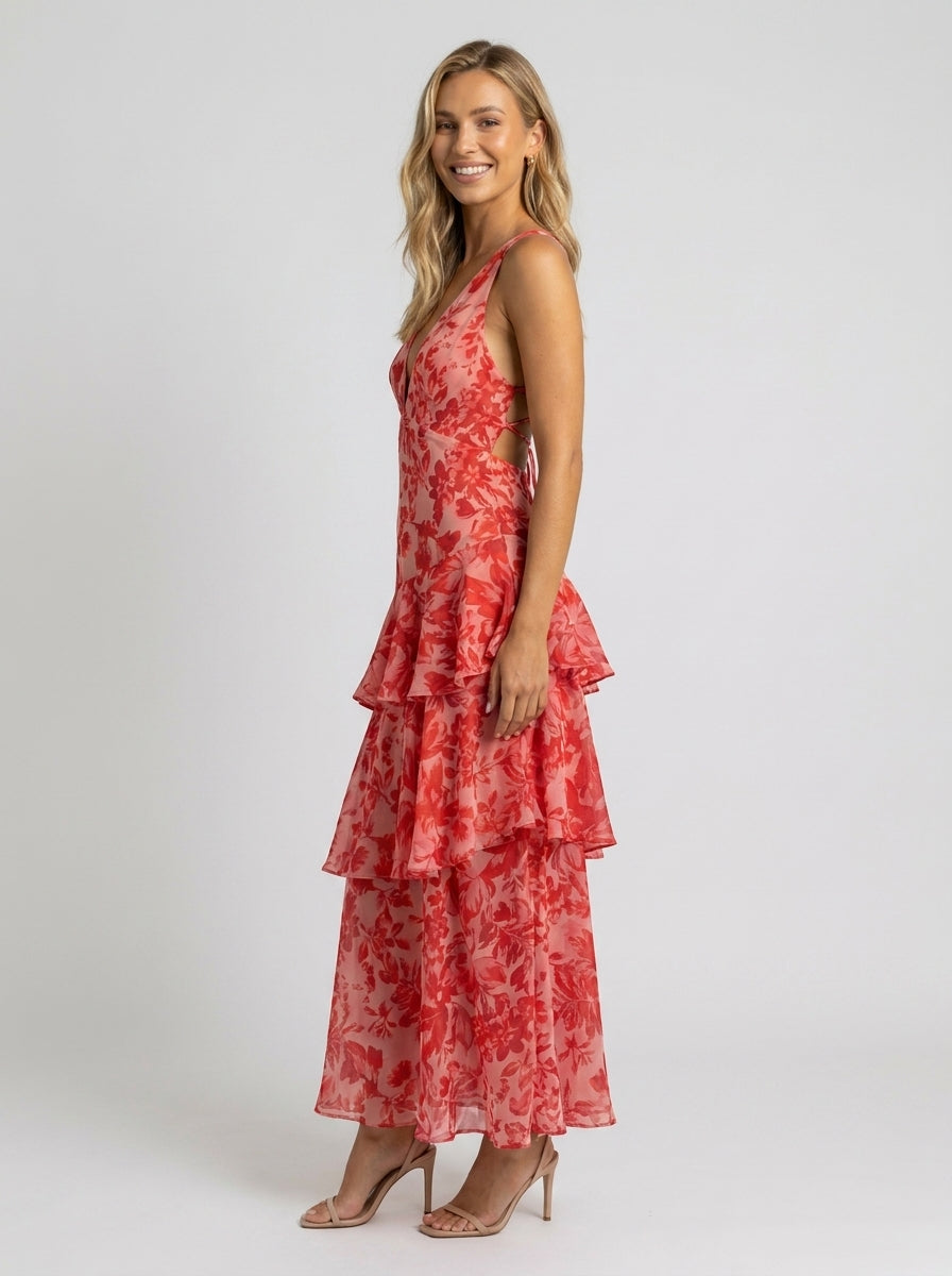 PRISCA | FLORAL TIERED RUFFLE MAXI DRESS - Coral Floral