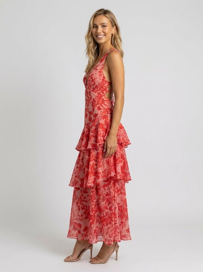 PRISCA | FLORAL TIERED RUFFLE MAXI DRESS - Coral Floral