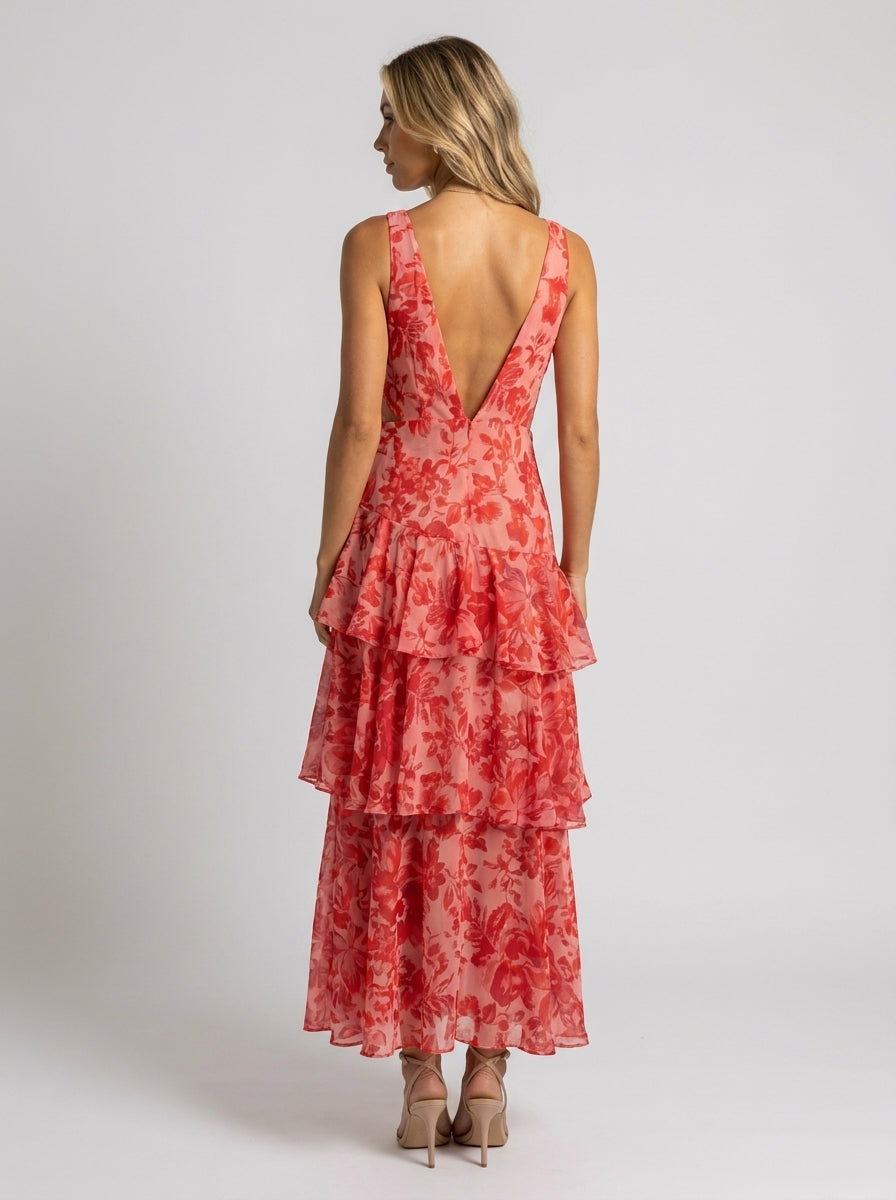 PRISCA | FLORAL TIERED RUFFLE MAXI DRESS - Coral Floral